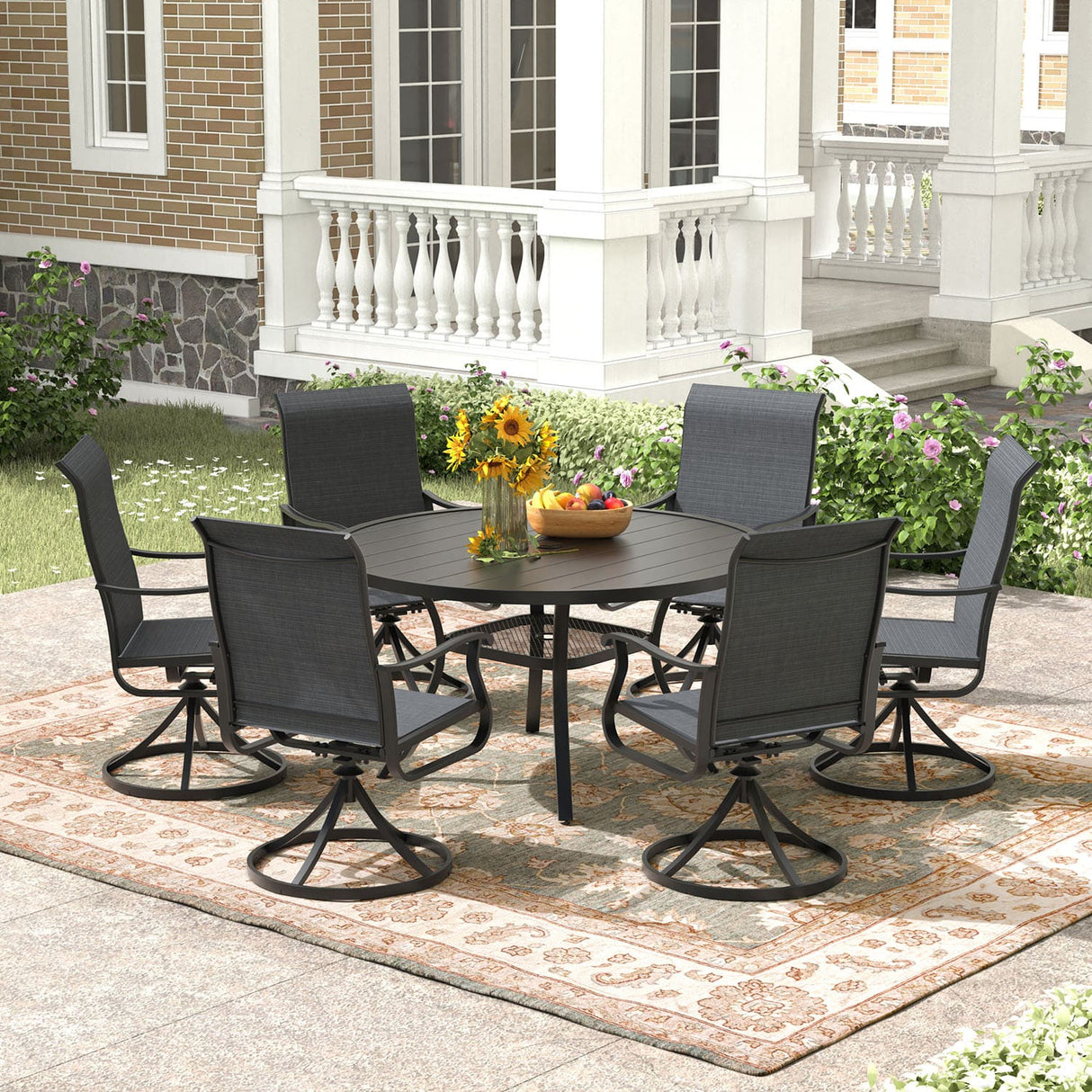 Vicllax 7 pcs Outdoor Dining Set, Metal Round Dining Table and Premium Swivel Chairs