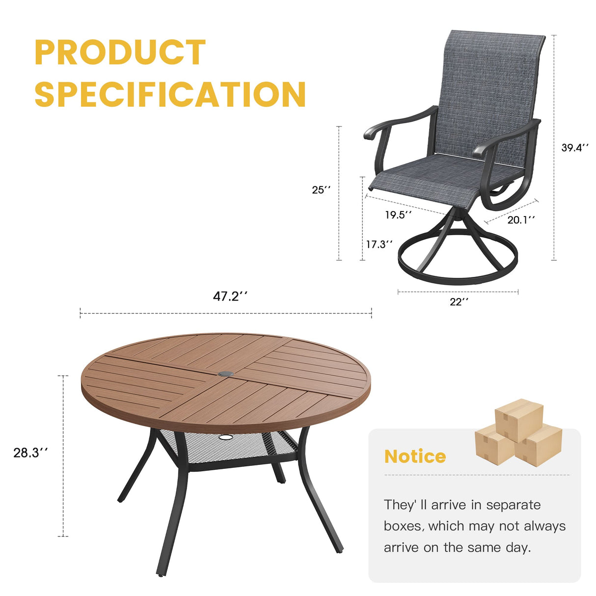 Vicllax 5 Pieces Outdoor Dining Set, 47.2" Metal Round Dining Table and Premium Swivel Chairs