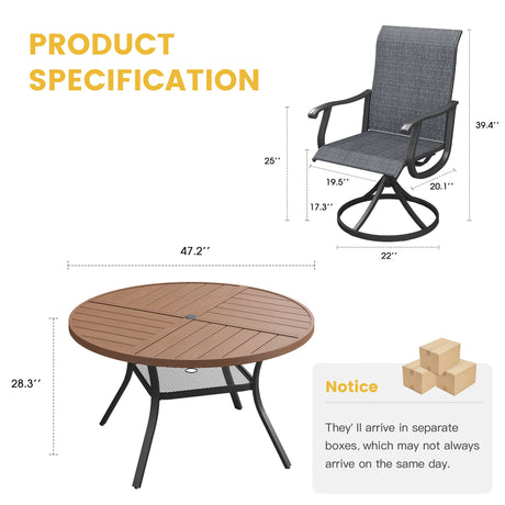 Vicllax Juego de comedor para exterior de 5 piezas con mesa redonda de metal de 42" y 4 sillas giratorias acolchadas