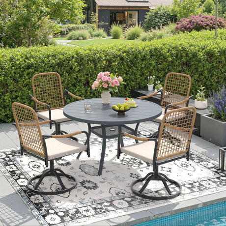 Vicllax 5-Piece Outdoor Dining Set, 47” Round Metal Table with Umbrella Hole & Solana Swivel Chair