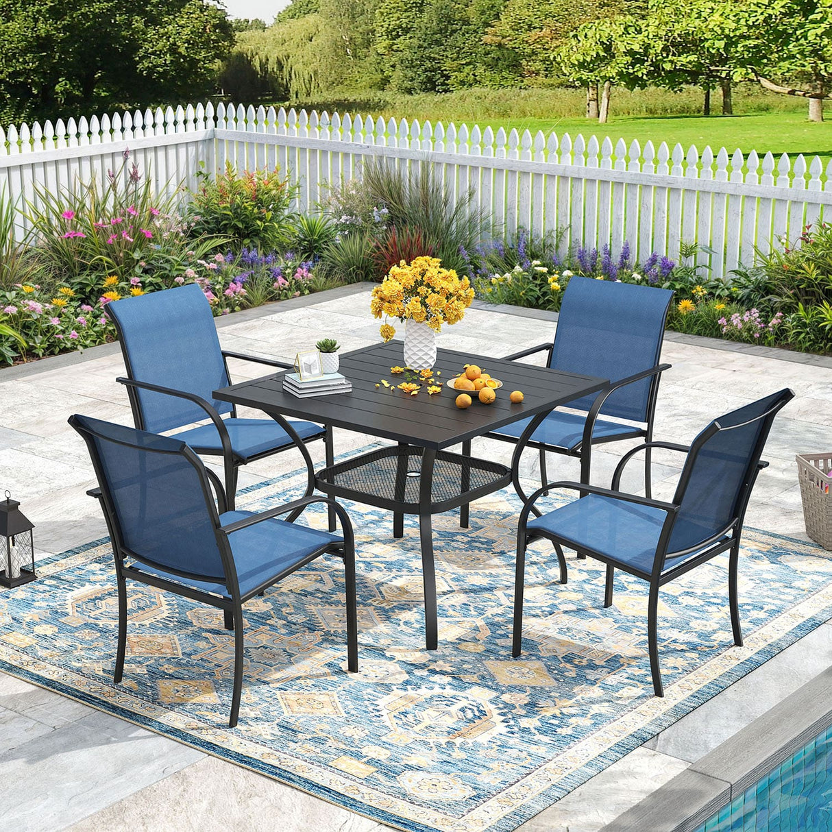 Vicllax 5 Pieces Outdoor Dining Set, 37.8" Square Metal Table and Stackable Sling Chairs