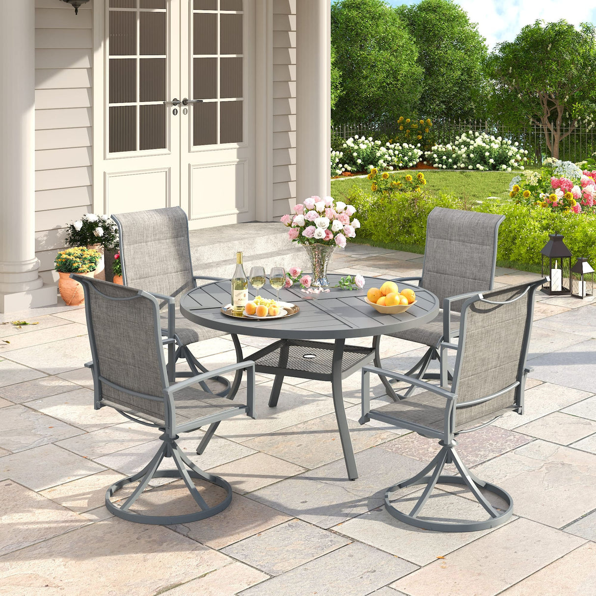VICLLAX 5 PCS Patio Dining Table Set, Round Metal Table with Shelf and Padded Swivel Chair