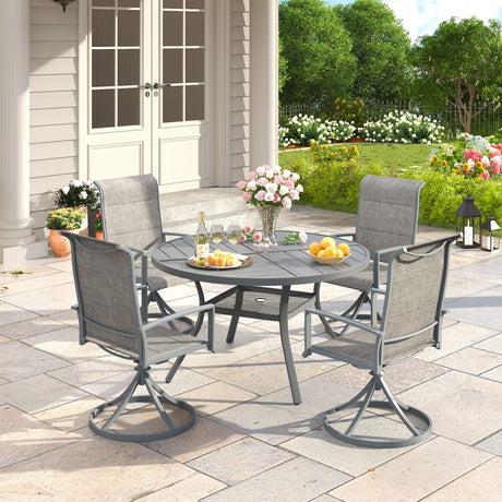 VICLLAX 5 PCS Patio Dining Table Set, Round Metal Table with Shelf and Padded Swivel Chair