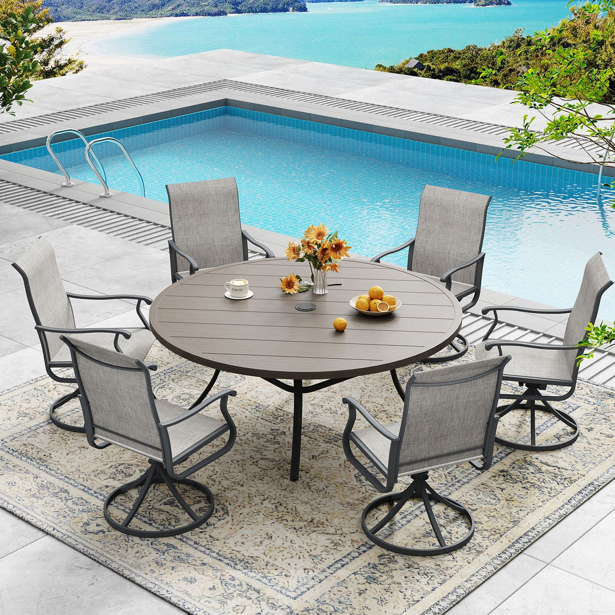 Vicllax 7/9 Pieces Outdoor Dining Set, Metal Round Dining Table and Premium Swivel Chairs