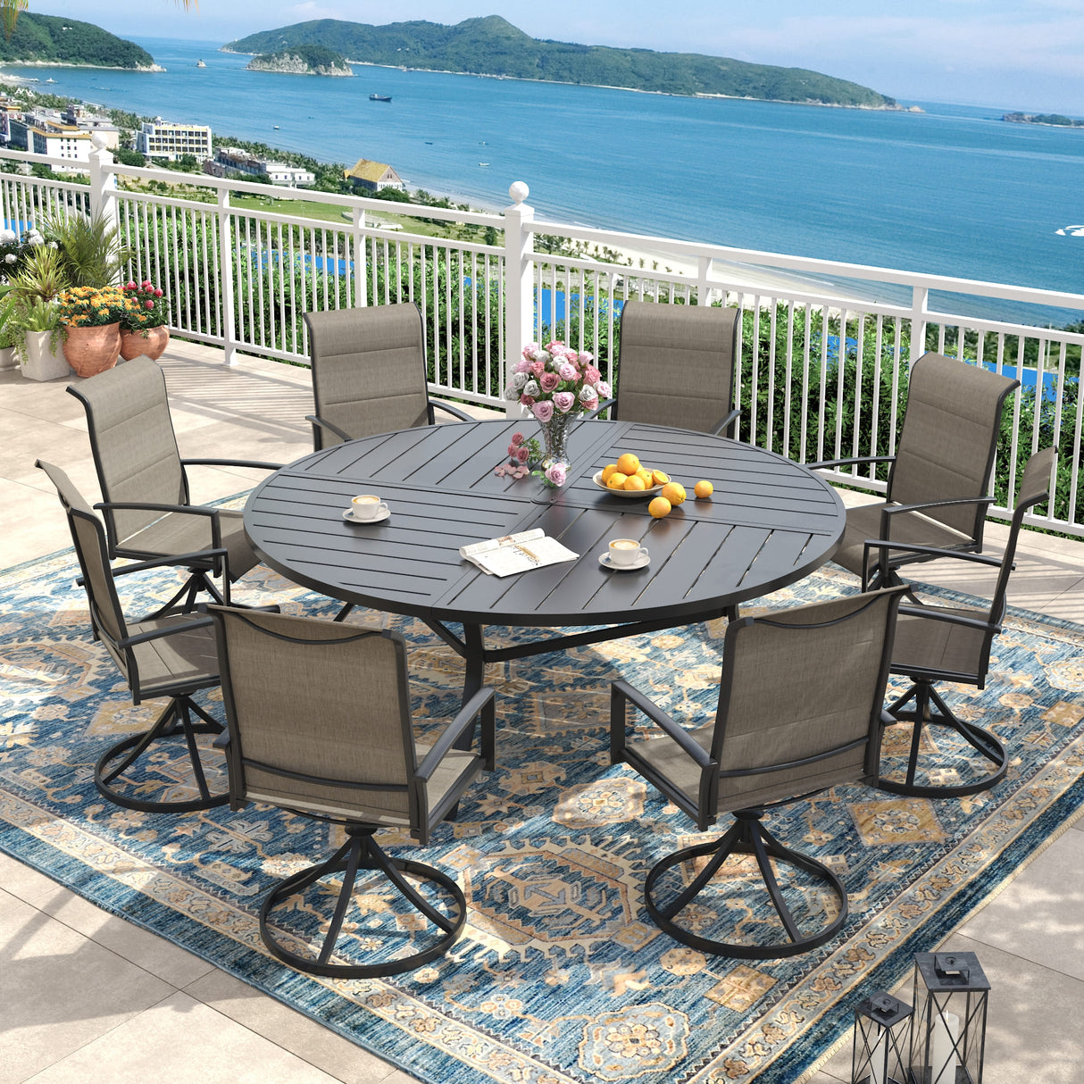 VICLLAX 9 PCS Patio Dining Table Set, 63" Round Metal Table with umbrella Hole and 8 Padded Swivel Chairs