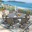 VICLLAX 9 PCS Patio Dining Table Set, 63" Round Metal Table with umbrella Hole and 8 Padded Swivel Chairs