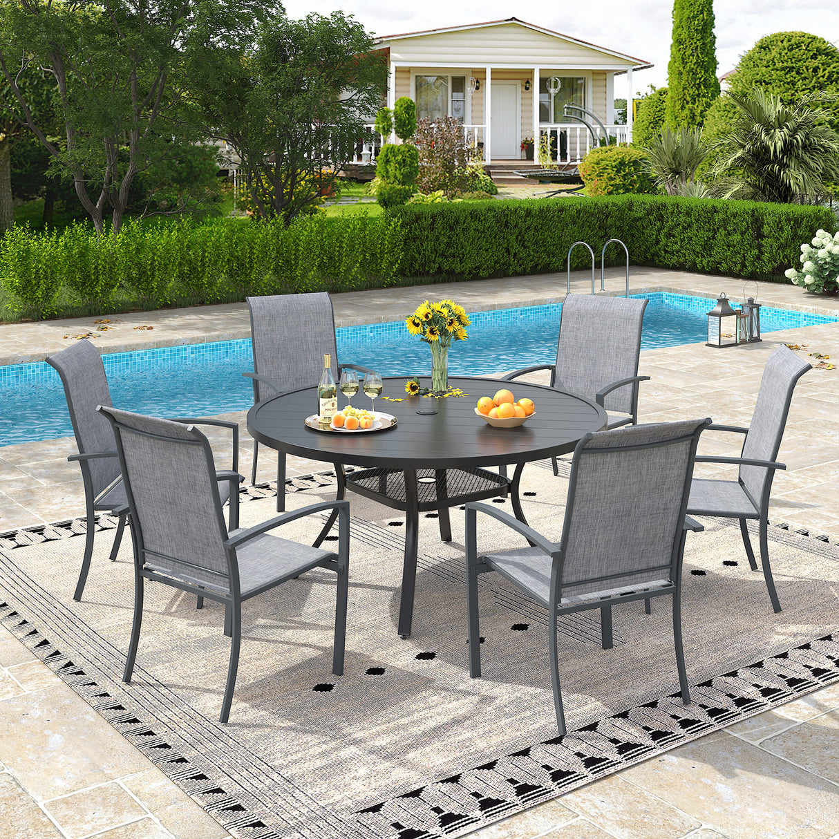 Vicllax 7 Pieces Outdoor Dining Set, 47.2"Round Table and Skyline Stackable Chair