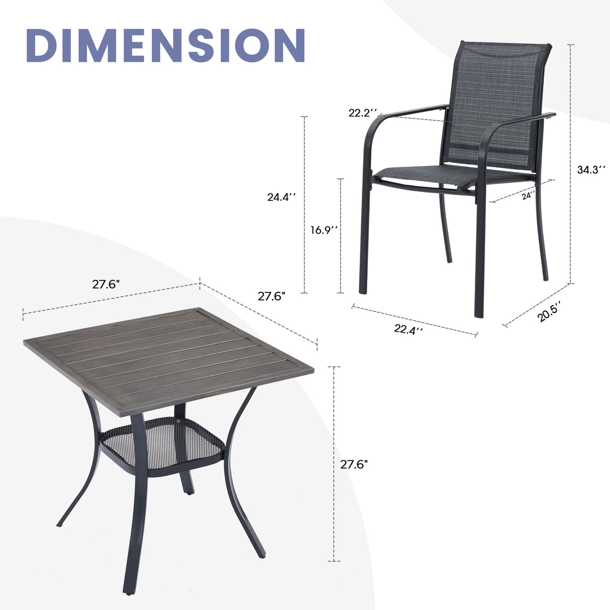 Vicllax 3-Piece Patio Bistro Set, Outdoor Stackable Sling Chairs and Black Metal Square Table