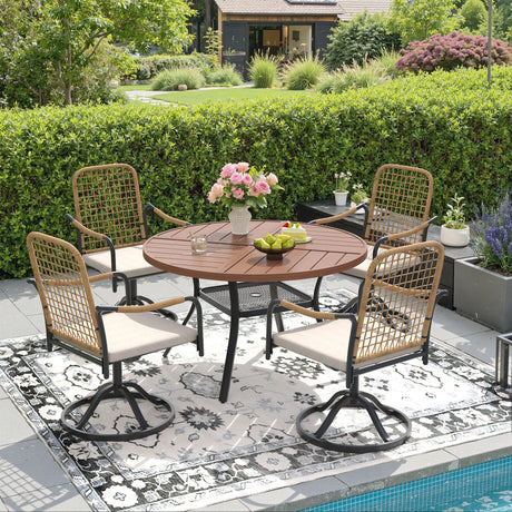 VICLLAX 5-Piece Outdoor Dining Set, 47” Round Metal Table with Umbrella Hole & Solana Swivel Chair
