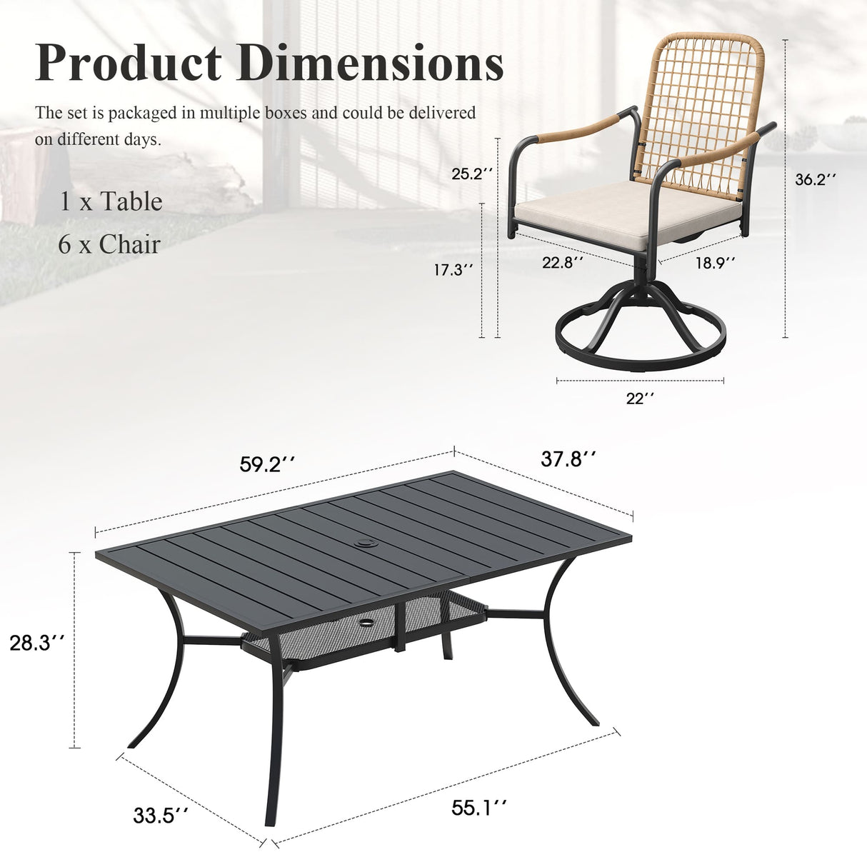 Vicllax Juego de comedor de exterior de 7 piezas con mesa rectangular de metal y sillas giratorias de textileno