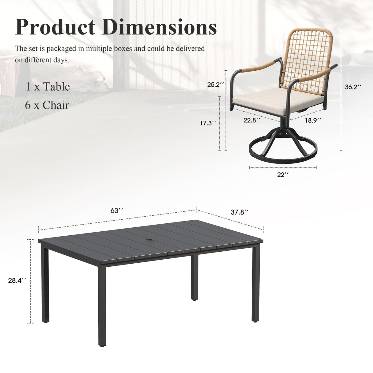 Vicllax 7 pcs Outdoor Dining Set,  Rectangular Metal Table and Solana Swivel Dining Chair