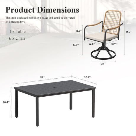 Vicllax 7 pcs Outdoor Dining Set,  Rectangular Metal Table and Solana Swivel Dining Chair