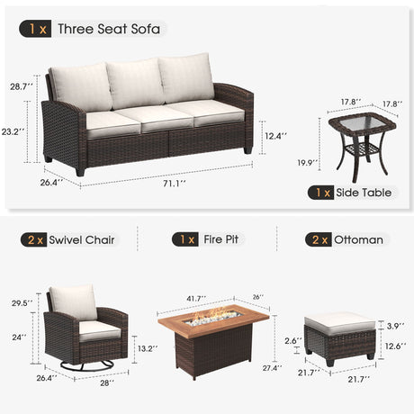 Vicllax Versatile Wicker Patio Set: 6 Pieces with Fire Table and Ottoman