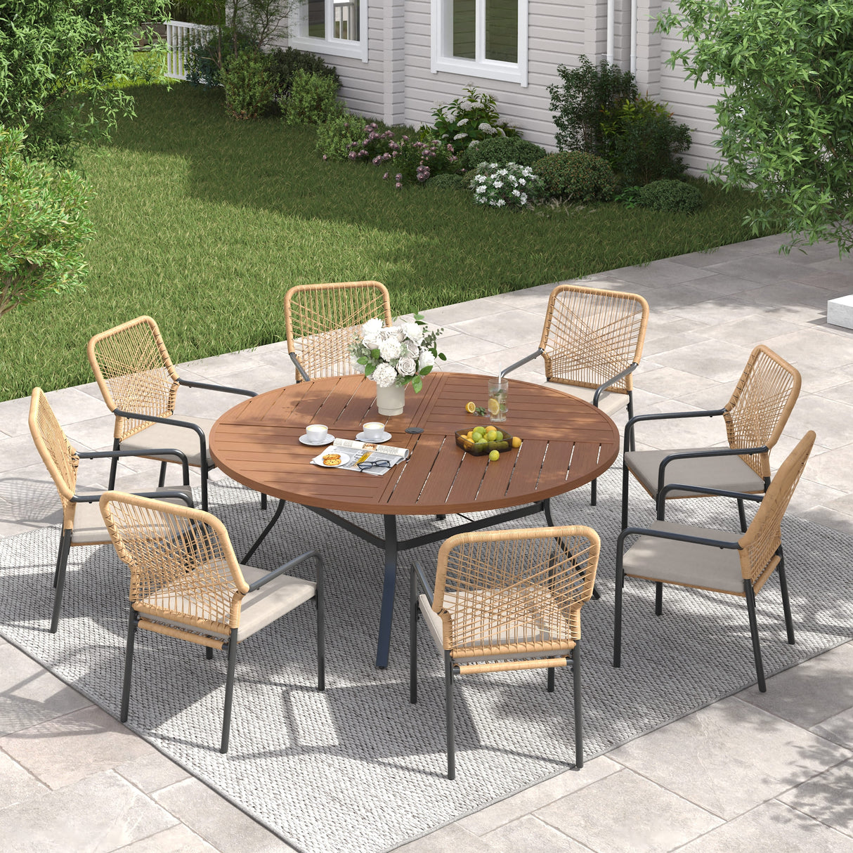 Vicllax 9 PCS Patio Dining Table Set, 53" Round Metal Table and Alora Stackable Chair