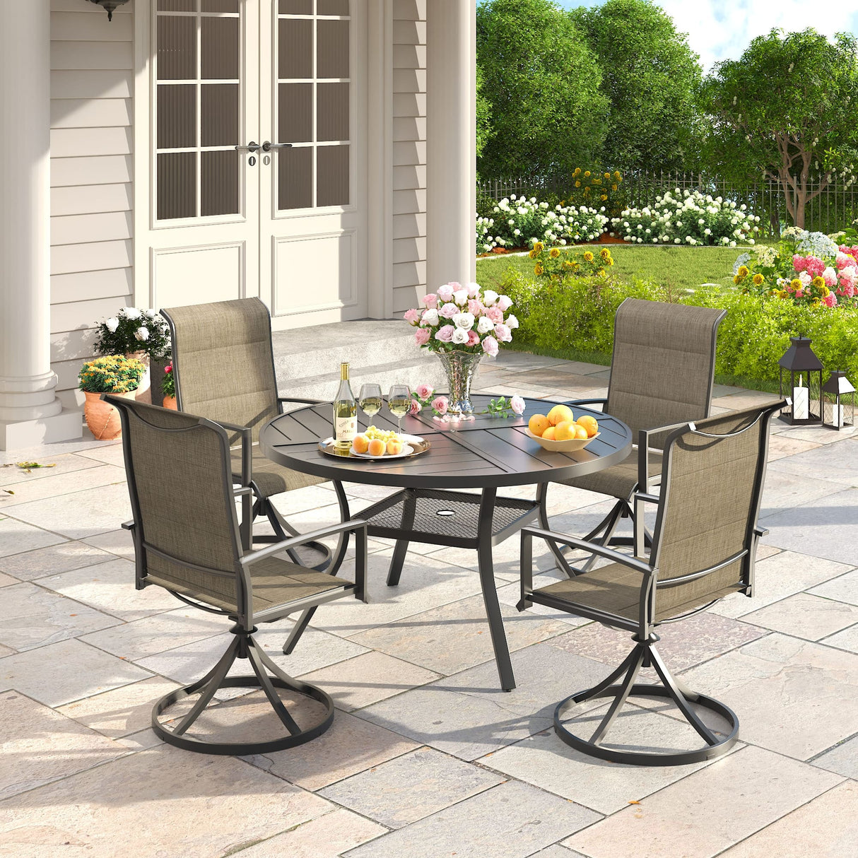 VICLLAX 5 PCS Patio Dining Table Set, Round Metal Table with Shelf and Padded Swivel Chair