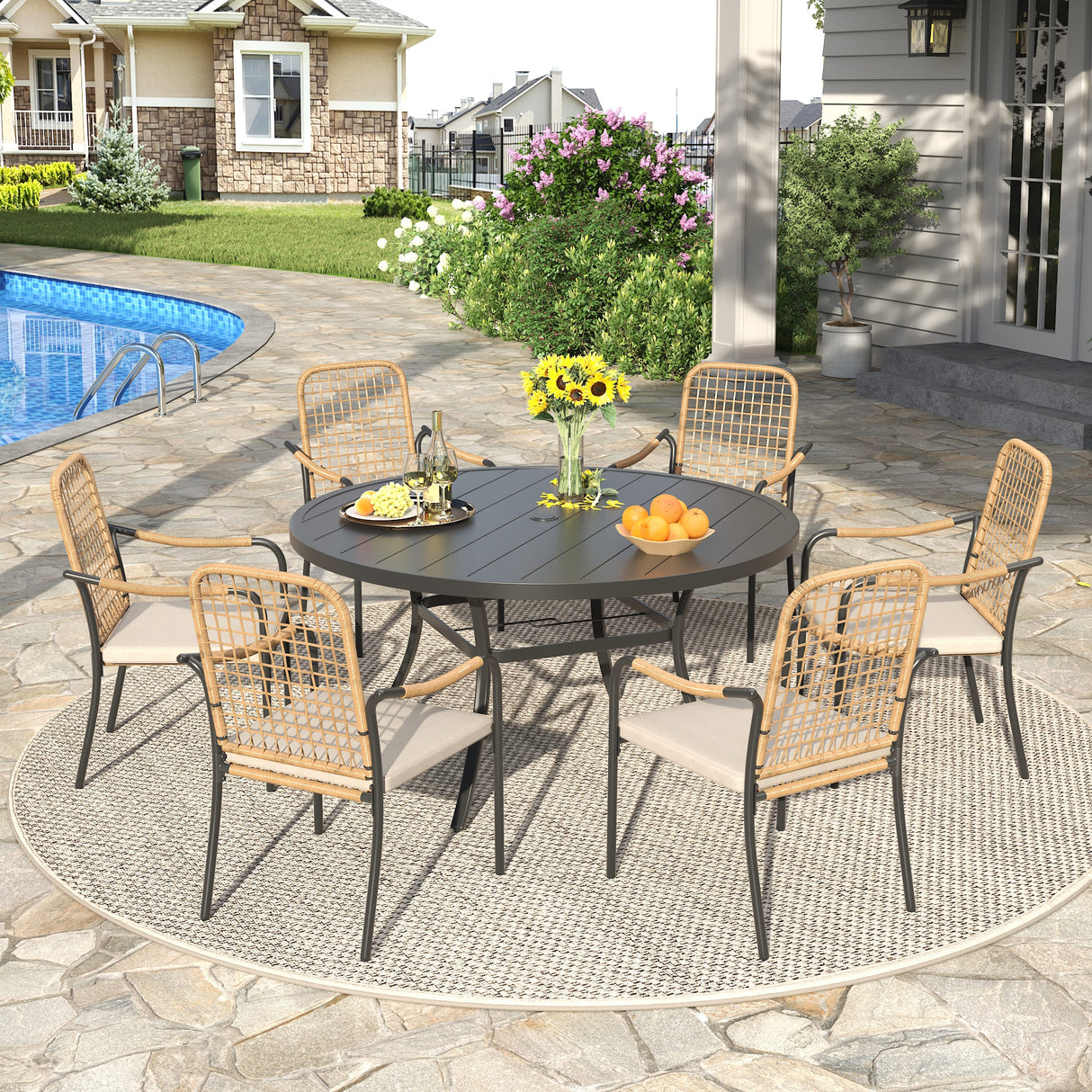 Vicllax 7 Pieces Outdoor Dining Set, 50" Round Table and Solana Stackable Chair