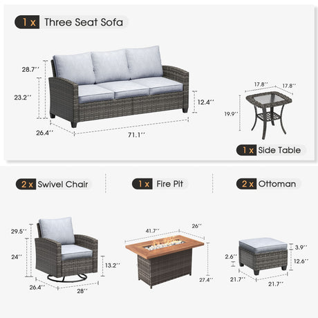 Vicllax Versatile Wicker Patio Set: 6 Pieces with Fire Table and Ottoman