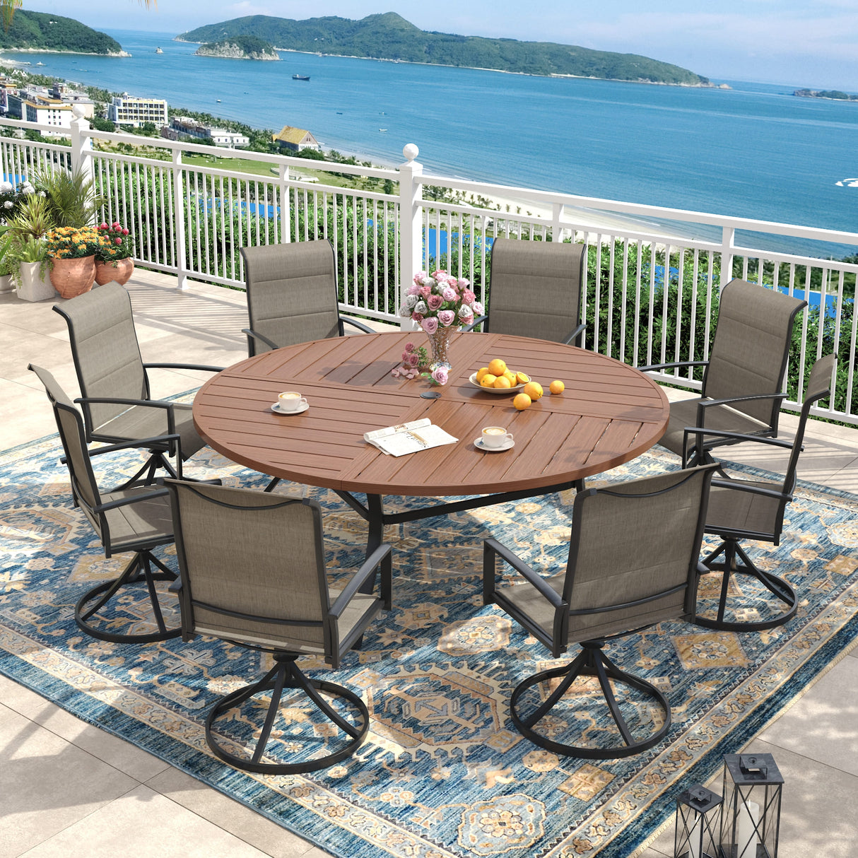 VICLLAX 9 PCS Patio Dining Table Set, 63" Round Metal Table with umbrella Hole and 8 Padded Swivel Chairs