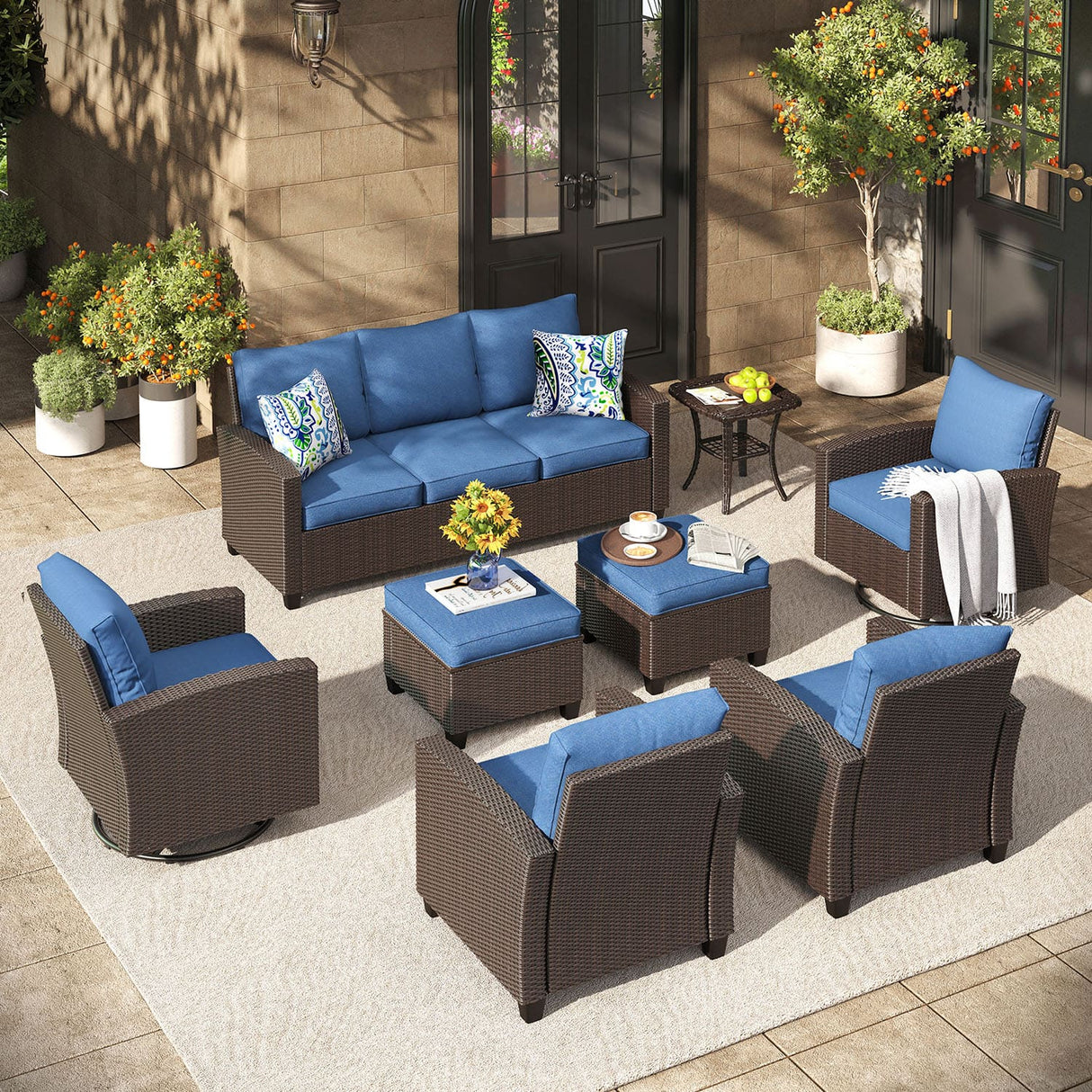 Vicllax Patio Sofa Set, Wicker Outdoor Conversation Set with Cushioned Sofa Chairs and Ottomans
