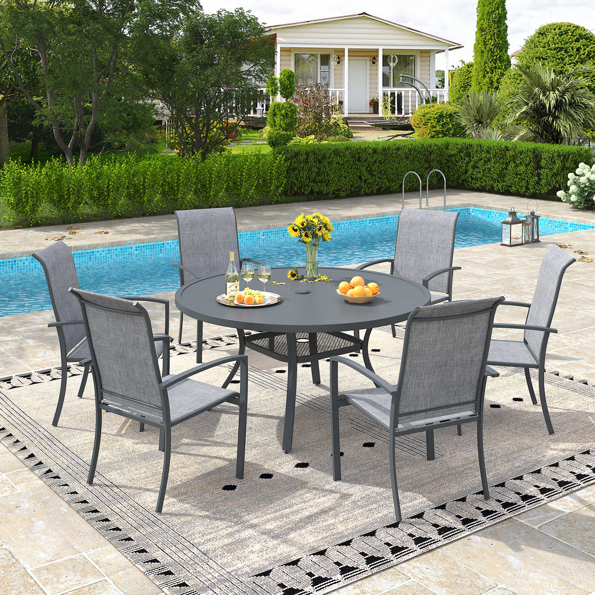 Vicllax 7 Pieces Outdoor Dining Set, 47.2"Round Table and Skyline Stackable Chair