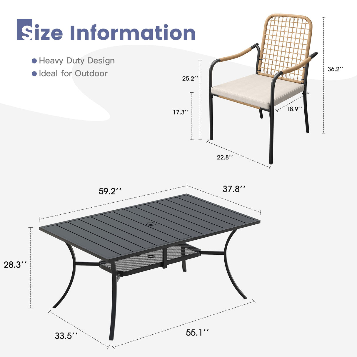 Vicllax 7 Pieces Outdoor Dining Set, Patio Rectangular Metal Table with Shelf and Solana Stackable Chair