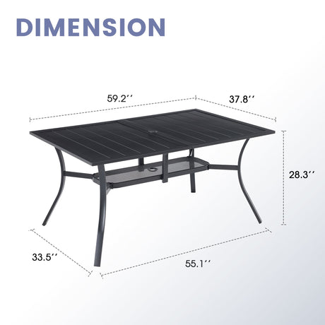 Vicllax Mesa de comedor de exterior para 6 personas, mesa de listones de acero curvado de metal para patio con orificio para sombrilla