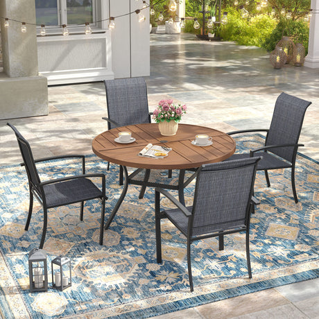 Vicllax 5 PCS Patio Dining Table Set, 41" Round Metal Table with Shelf and Skyline Stackable Chair