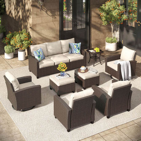Vicllax Patio Sofa Set, Wicker Outdoor Conversation Set with Cushioned Sofa Chairs and Ottomans