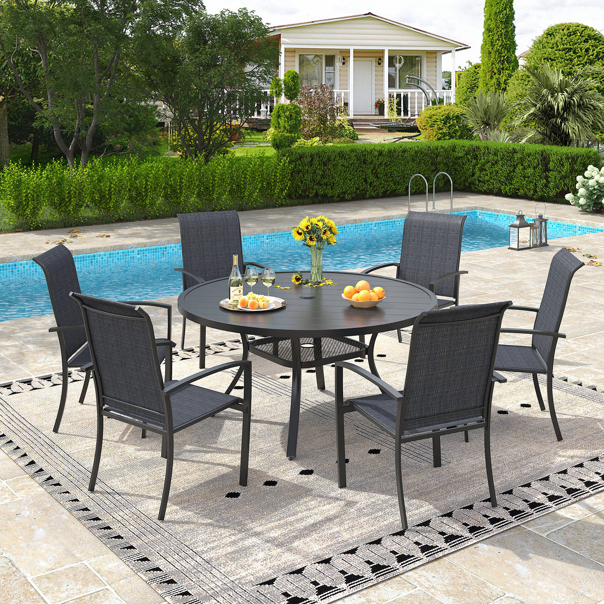 Vicllax 7 Pieces Outdoor Dining Set, 47.2"Round Table and Skyline Stackable Chair