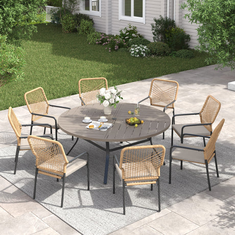 Vicllax 9 PCS Patio Dining Table Set, 53" Round Metal Table and Alora Stackable Chair