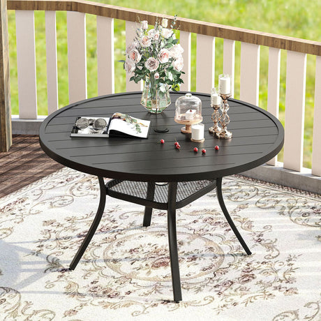 Vicllax Outdoor Round Metal Dining Table with Umbrella Hole for 4, 6