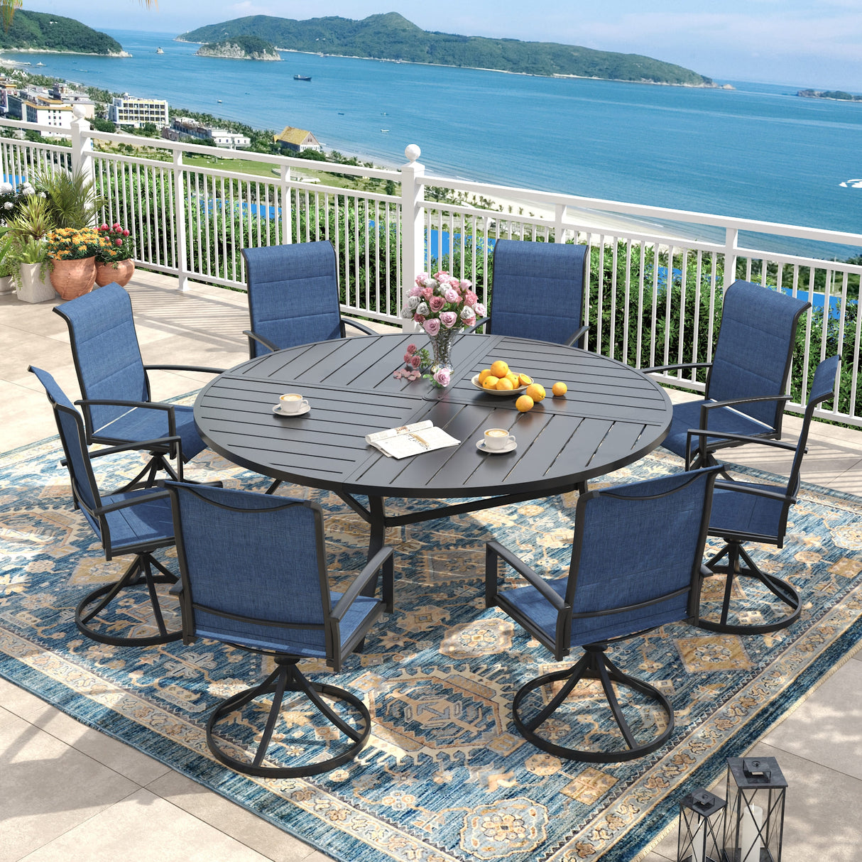 VICLLAX 9 PCS Patio Dining Table Set, 63" Round Metal Table with umbrella Hole and 8 Padded Swivel Chairs