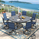 VICLLAX 9 PCS Patio Dining Table Set, 63" Round Metal Table with umbrella Hole and 8 Padded Swivel Chairs