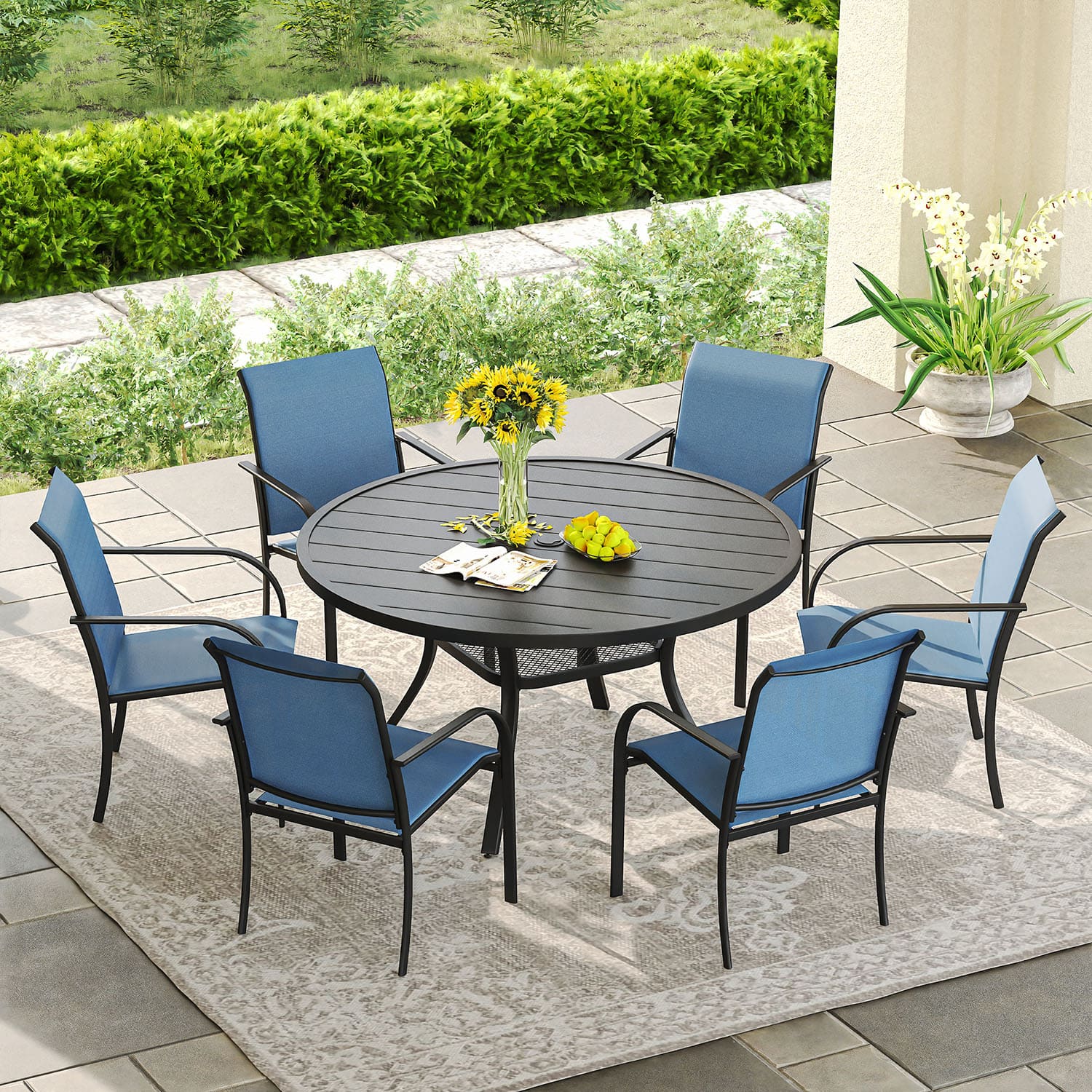 Vicllax 5/7 Pcs Outdoor Dining Set with Round Metal Table and Stackable Sling Chair