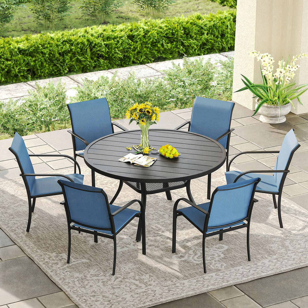 Vicllax Juego de comedor para exterior de 7 piezas con mesa redonda de metal de 48" y sillones de textileno 