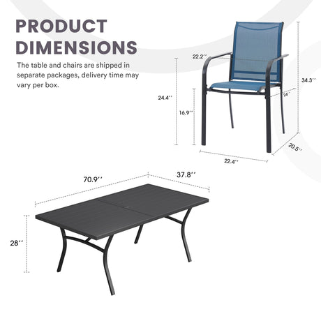 VICLLAX Patio 9 Pieces Outdoor Dining Set, 70.9" Rectangular Metal Dining Table and Stackable Sling Dining Chair with Armrest