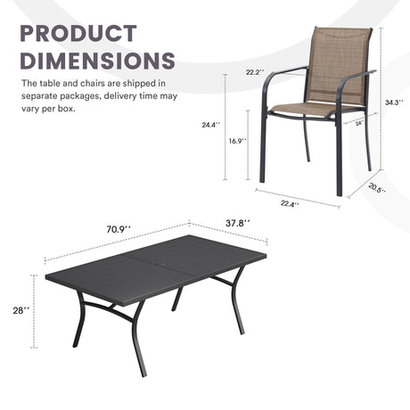 VICLLAX Patio 9 Pieces Outdoor Dining Set, 70.9" Rectangular Metal Dining Table and Stackable Sling Dining Chair with Armrest