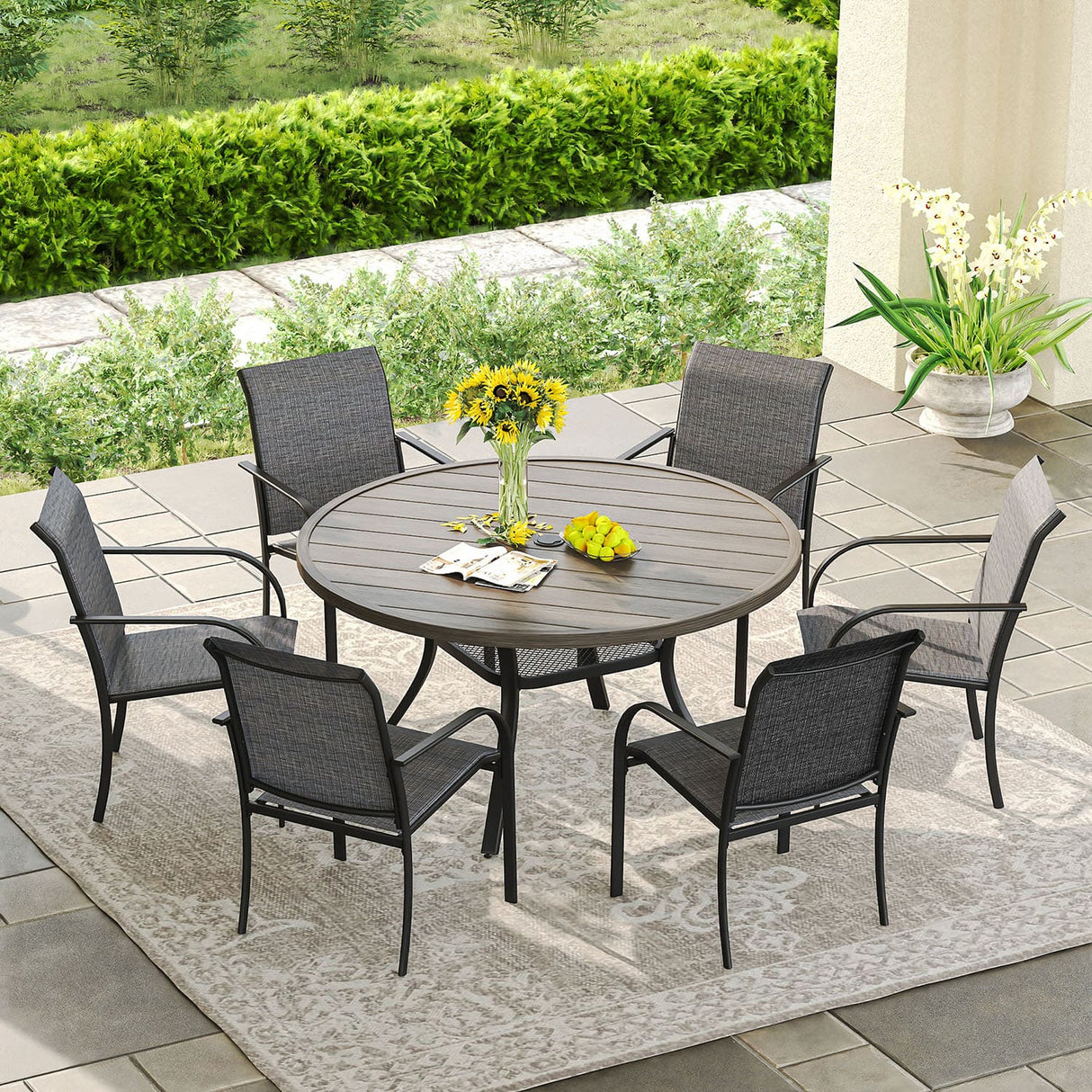 Vicllax Juego de comedor para exterior de 7 piezas con mesa redonda de metal de 48" y sillones de textileno 