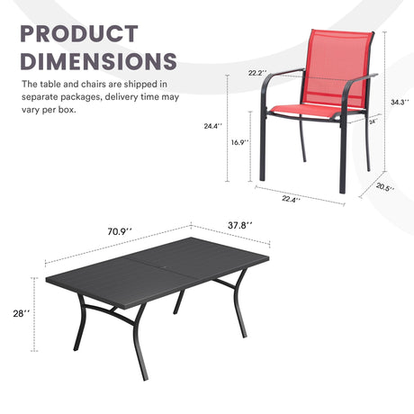 VICLLAX Patio 9 Pieces Outdoor Dining Set, 70.9" Rectangular Metal Dining Table and Stackable Sling Dining Chair with Armrest