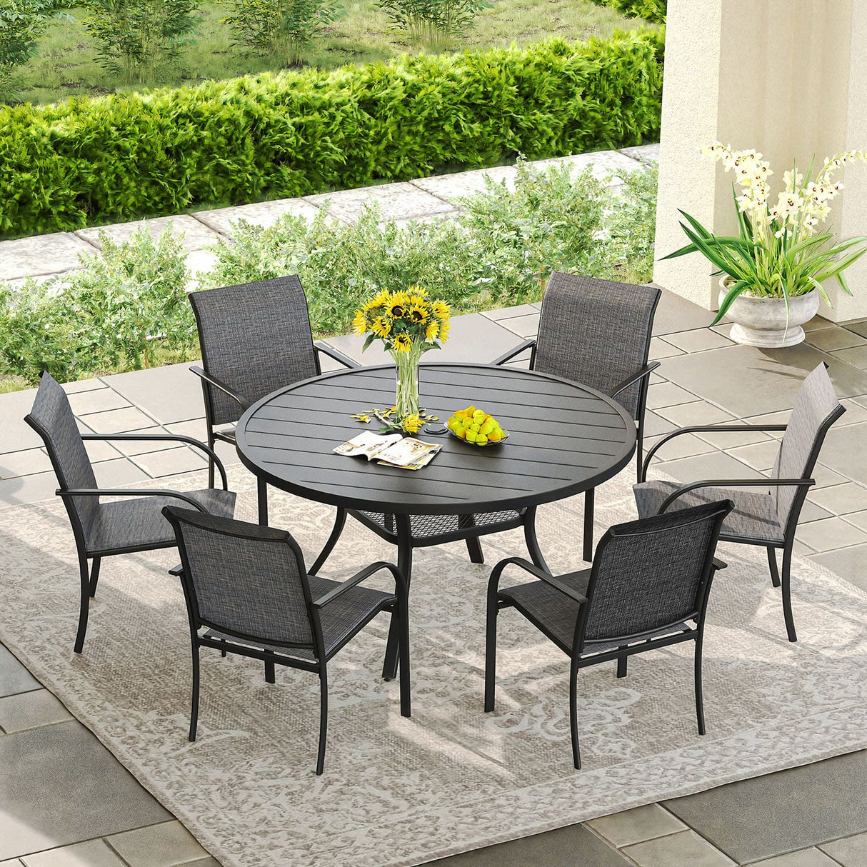 Vicllax Juego de comedor para exterior de 7 piezas con mesa redonda de metal de 48" y sillones de textileno 
