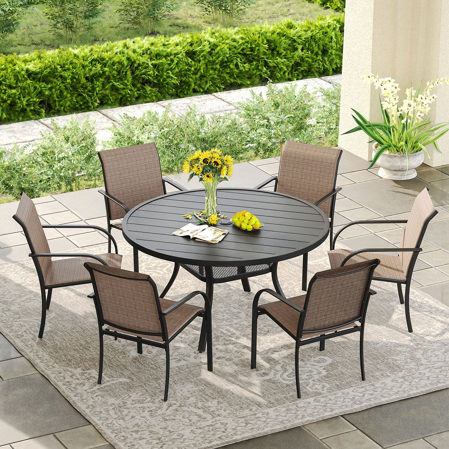 Vicllax 5/7 Pcs Outdoor Dining Set with Round Metal Table and Stackable Sling Chair