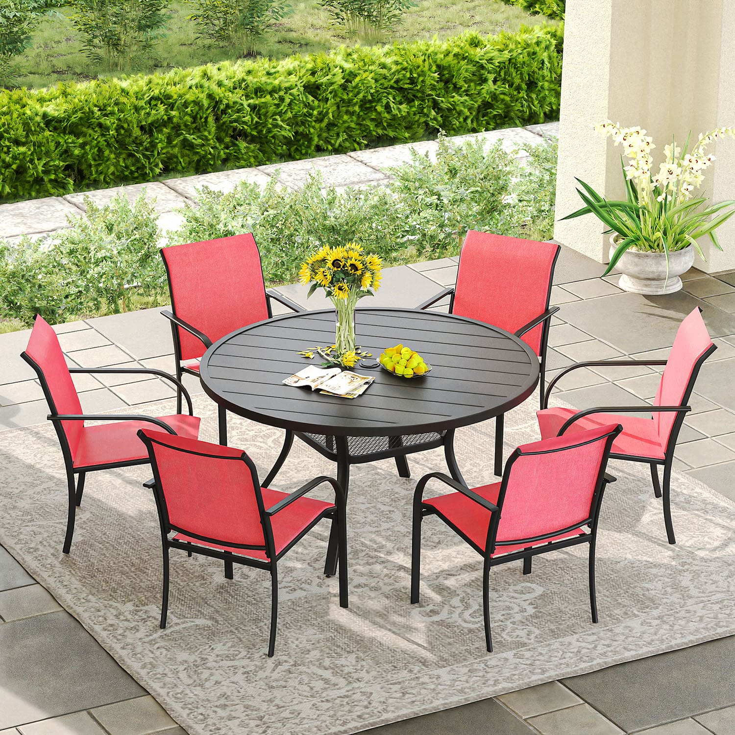 Vicllax 5/7 Pcs Outdoor Dining Set with Round Metal Table and Stackable Sling Chair