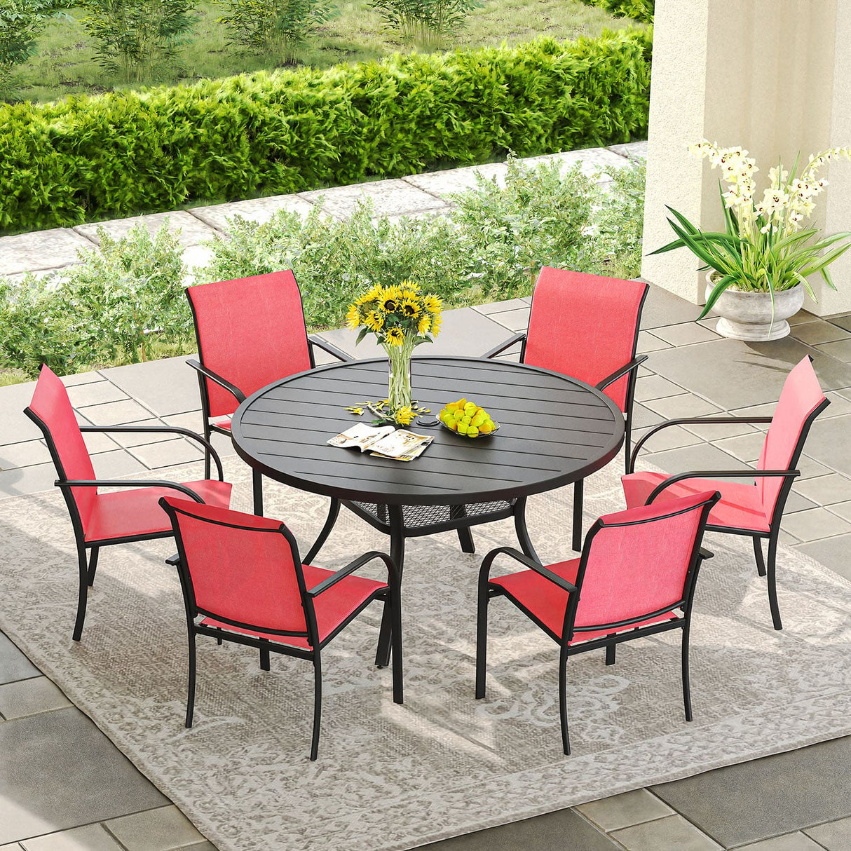 Vicllax Juego de comedor para exterior de 7 piezas con mesa redonda de metal de 48" y sillones de textileno 