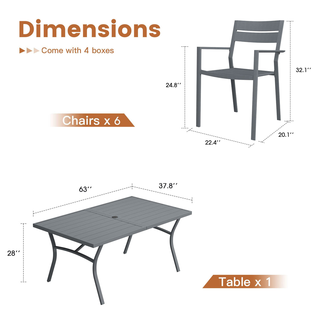 VICLLAX Patio 7 Pieces Outdoor Dining Set, 63" Rectangular Metal Dining Table and 6 Stackable Chairs for Lawn