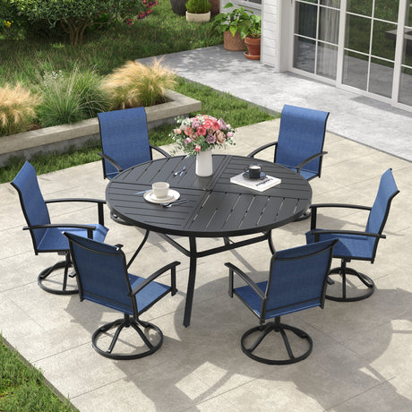 VICLLAX 7-pcs Outdoor Dining Set, 50” Round Metal Table with Umbrella Hole & 6 Swivel Textilene Chairs