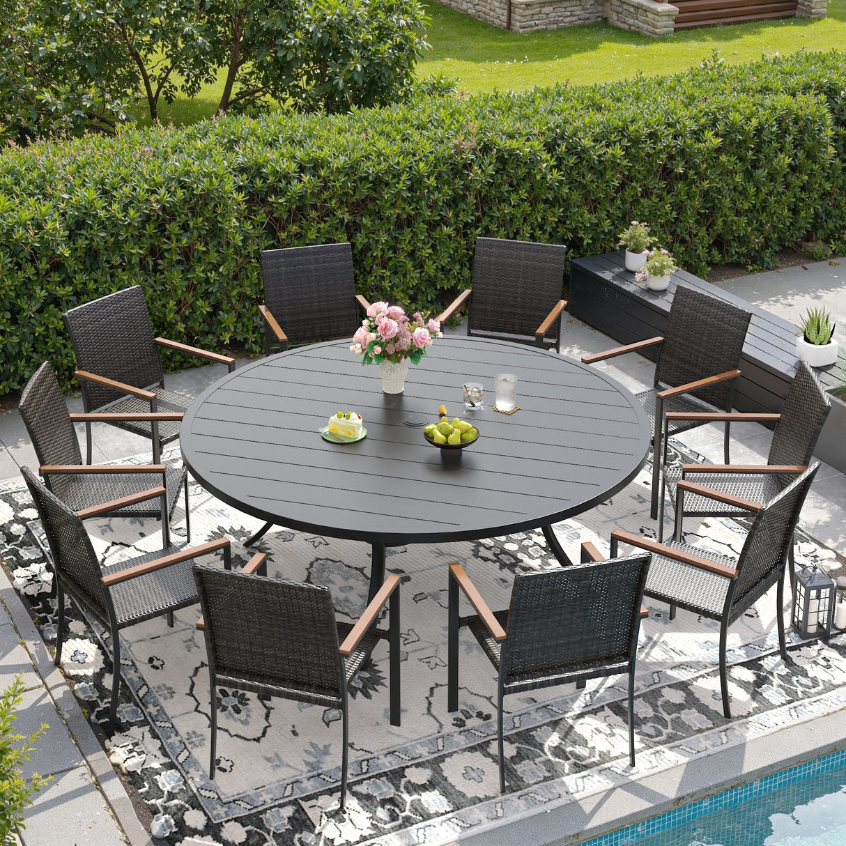 Vicllax 11 Pieces Outdoor Dining Set, 63" Large Round dining Table and 10 Stackable Armchairs