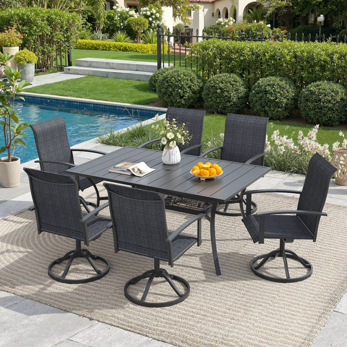 Vicllax 7 Pcs Outdoor Dining Set, Rectangular Metal Table with Storage Shelf and 6  Swivel Chairs
