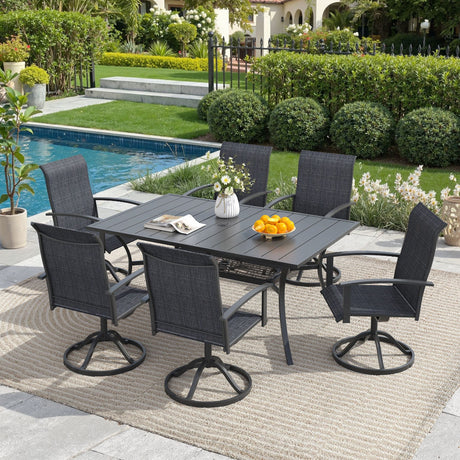 Vicllax 7 Pcs Outdoor Dining Set, Rectangular Metal Table with Storage Shelf and 6  Swivel Chairs