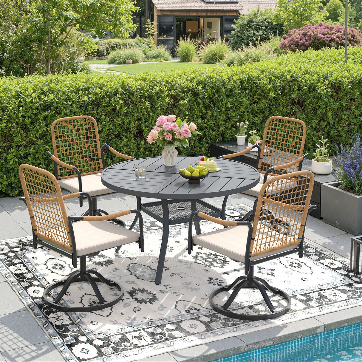 VICLLAX 5-Piece Outdoor Dining Set, 47” Round Metal Table with Umbrella Hole & Solana Swivel Chair