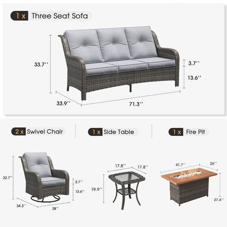 Vicllax Patio Wicker Oasis Lounge Set, 3-Seater, Swivel Chair with Fire table